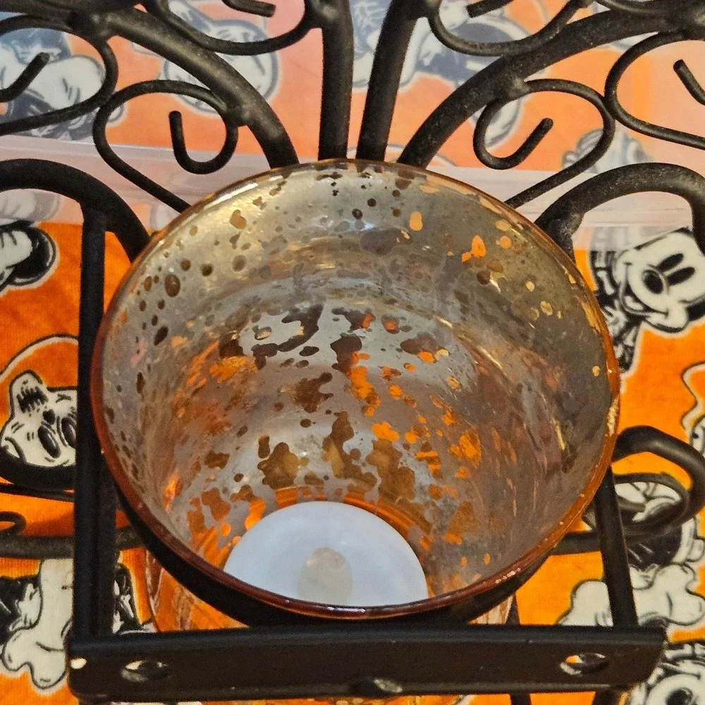 Vintage Ornate Black Metal Wall‎ Sconce Candle Holder with Amber Glass Insert